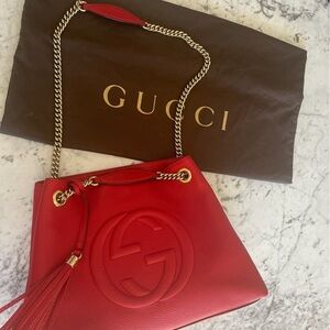 SOLD GUCCI soho Red pebbled calfskin leather chain tote,with dust bag